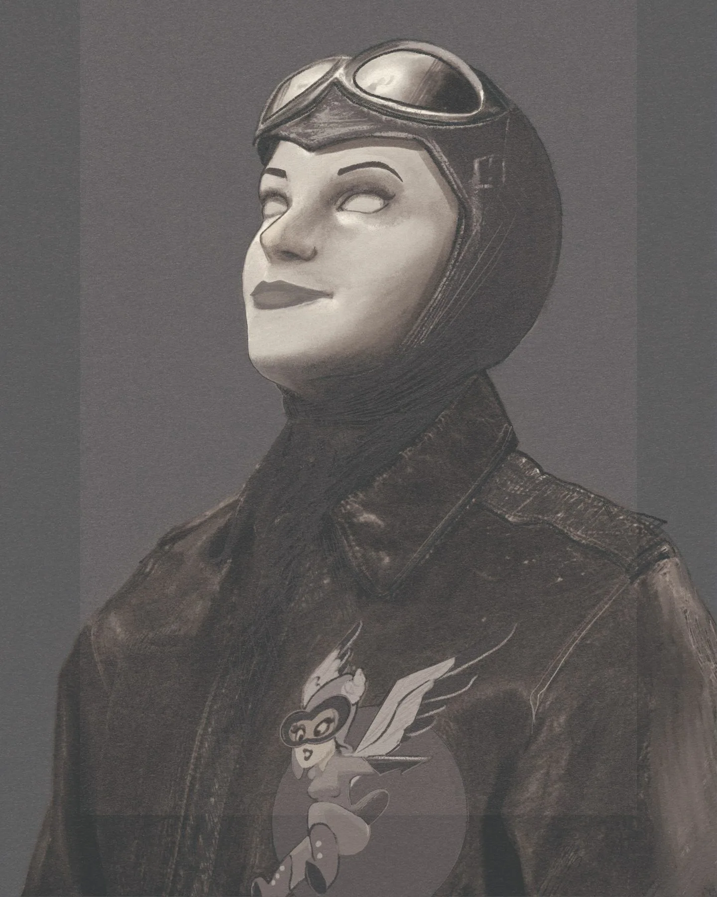Sepia portrait of a woman pilot in a leather flying helmet, goggles and bomber jacket, looking upward, with a winged mascot patch on her jacket.