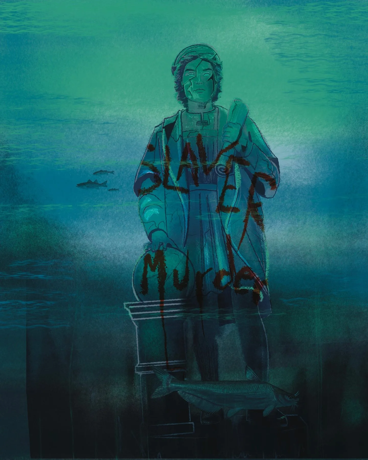 Painting of Baltimore's Columbus statue submerged in murky green water, eyes glowing, red graffiti across its coat, a catfish at its base and fish swimming past.