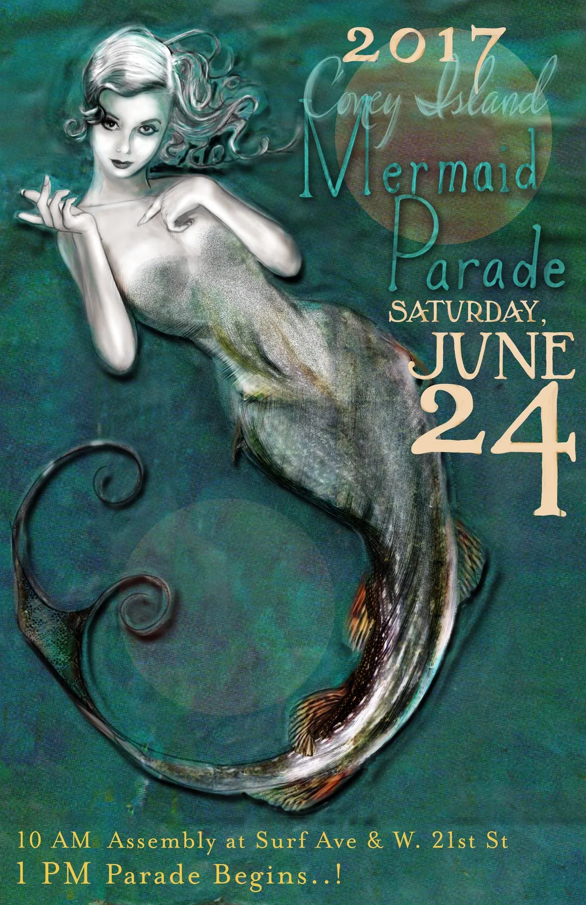Poster illustration of a silver mermaid with a curling tail and 1920s waved hair on a deep teal ground, lettered for the 2017 Coney Island Mermaid Parade, Saturday, June 24.