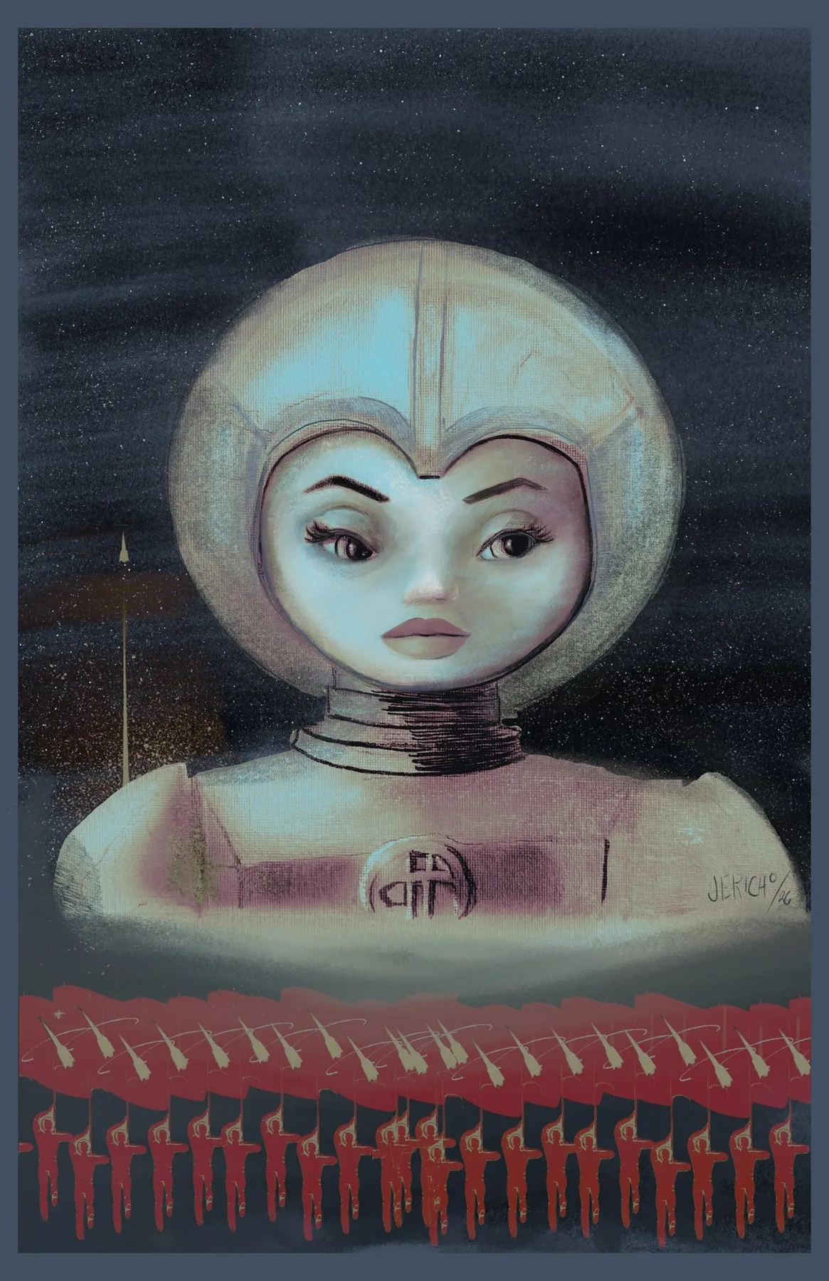 Painting of a wide-eyed girl in a round cosmonaut helmet against a starry sky, above rows of red figures marching with rockets.