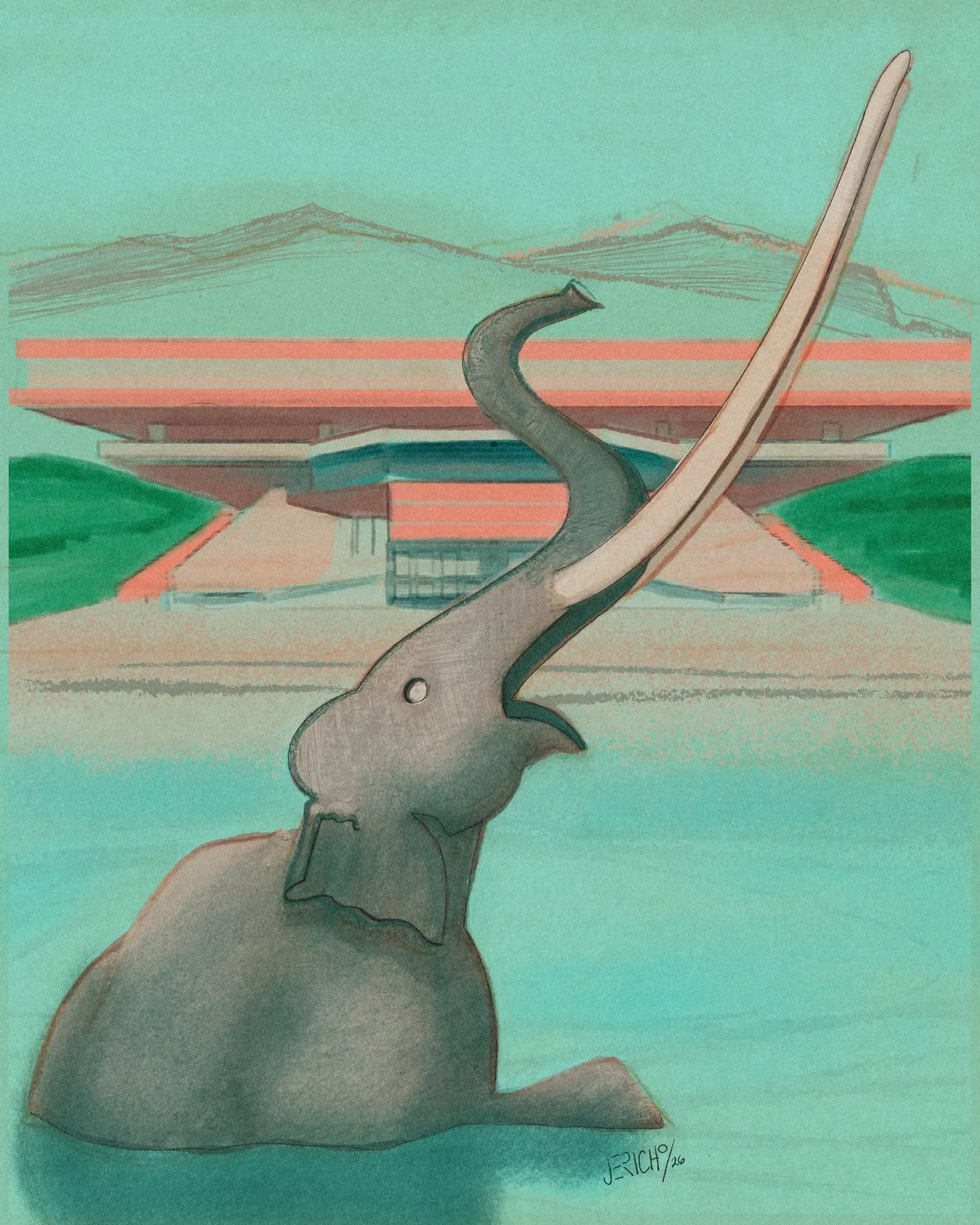 Painting of a mammoth half-sunk in teal water, trunk raised and one long tusk curving skyward, in front of a low modernist museum building and hills.