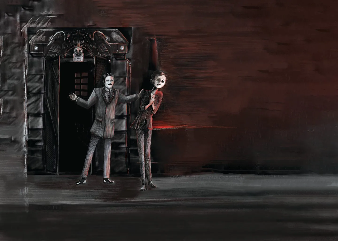 Panel I: Poe and a pale masked figure in a carved stone doorway at night, the street washed in red.