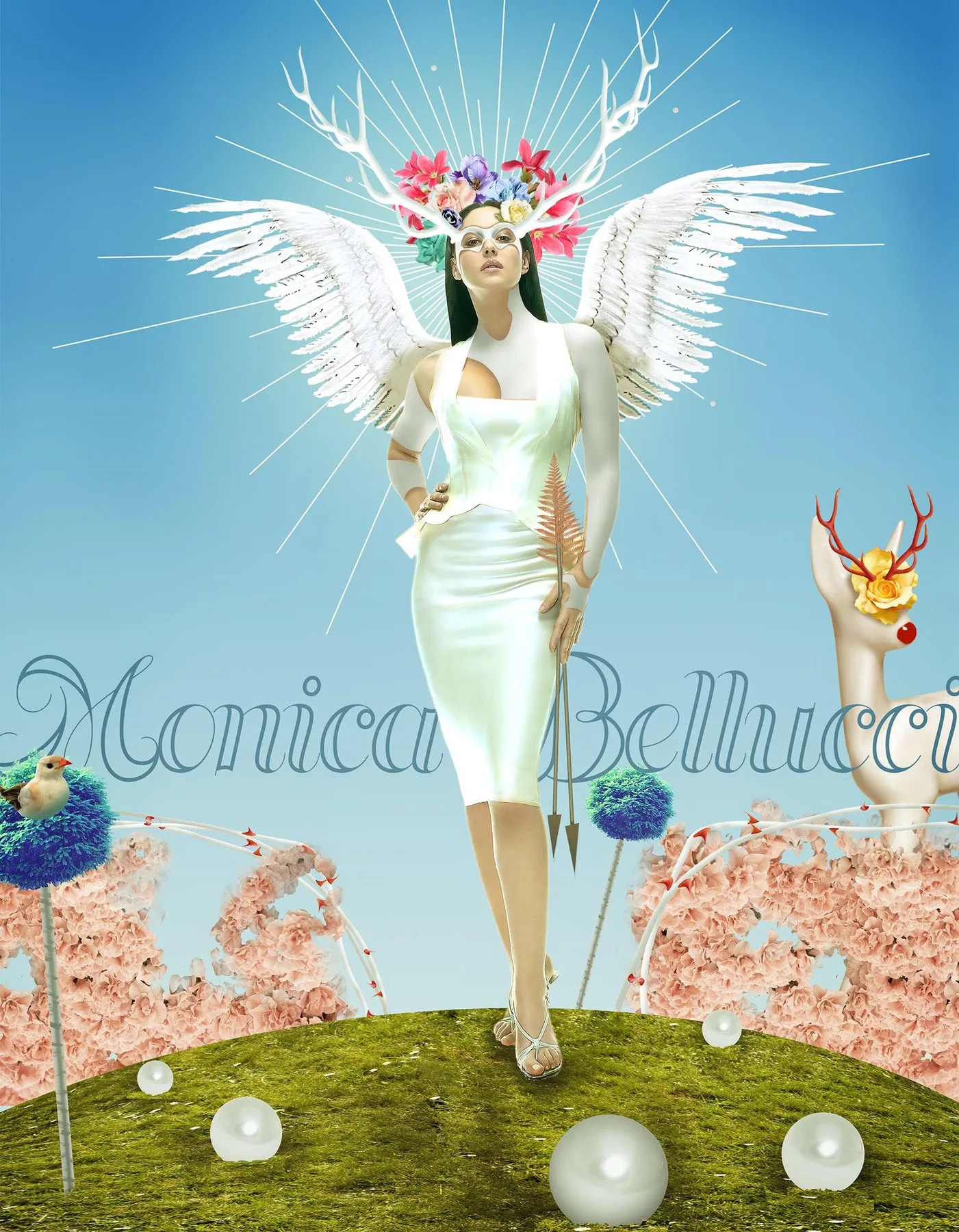 Illustration of Monica Bellucci as a winged figure in a white dress with a crown of flowers and antlers, holding an arrow, standing on a green hill among pearls and pink roses, with her name lettered across the sky.