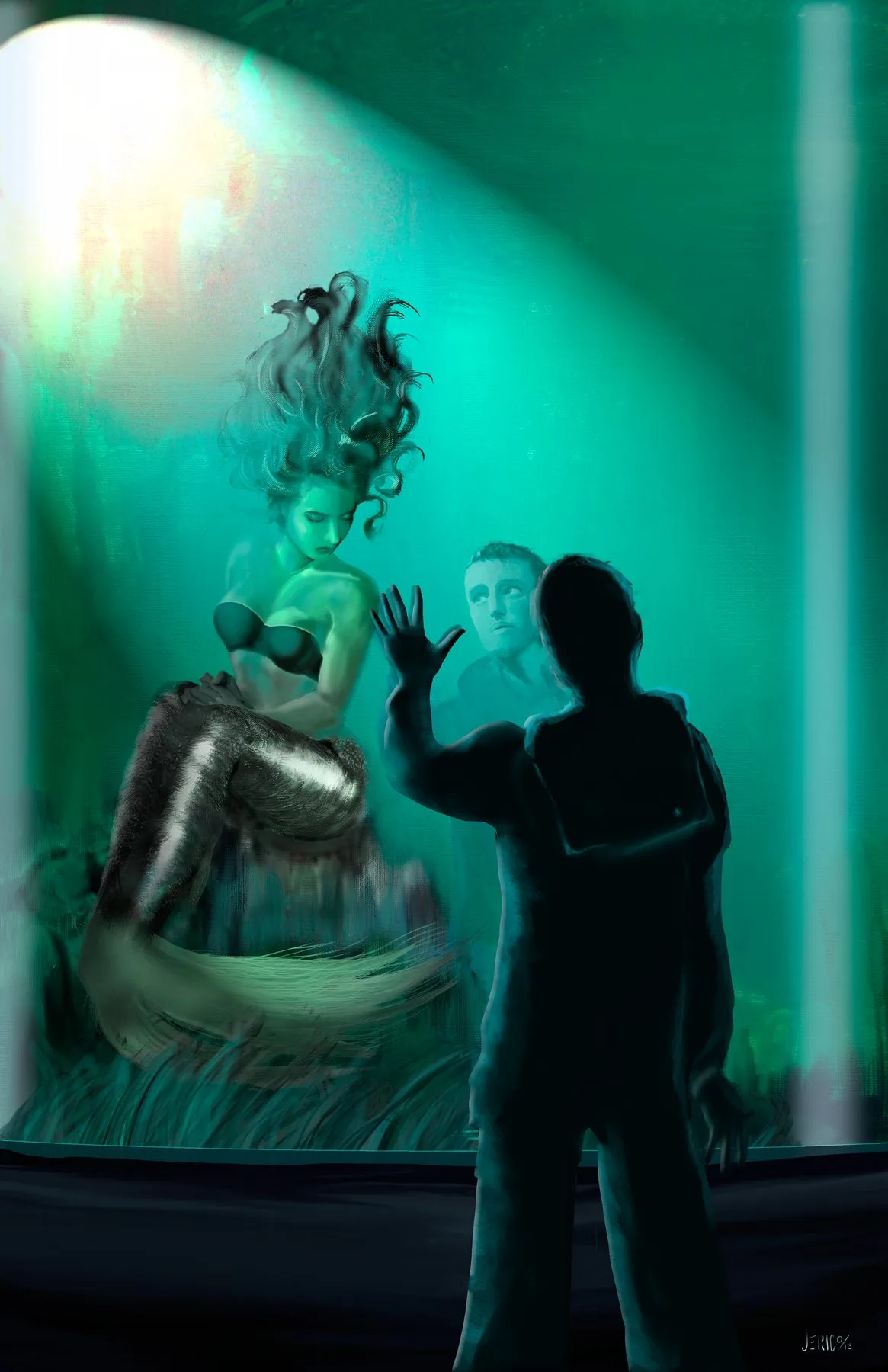 Painting of a man in silhouette pressing his hand to an aquarium window as a mermaid with drifting hair looks back at him through green water lit from above.
