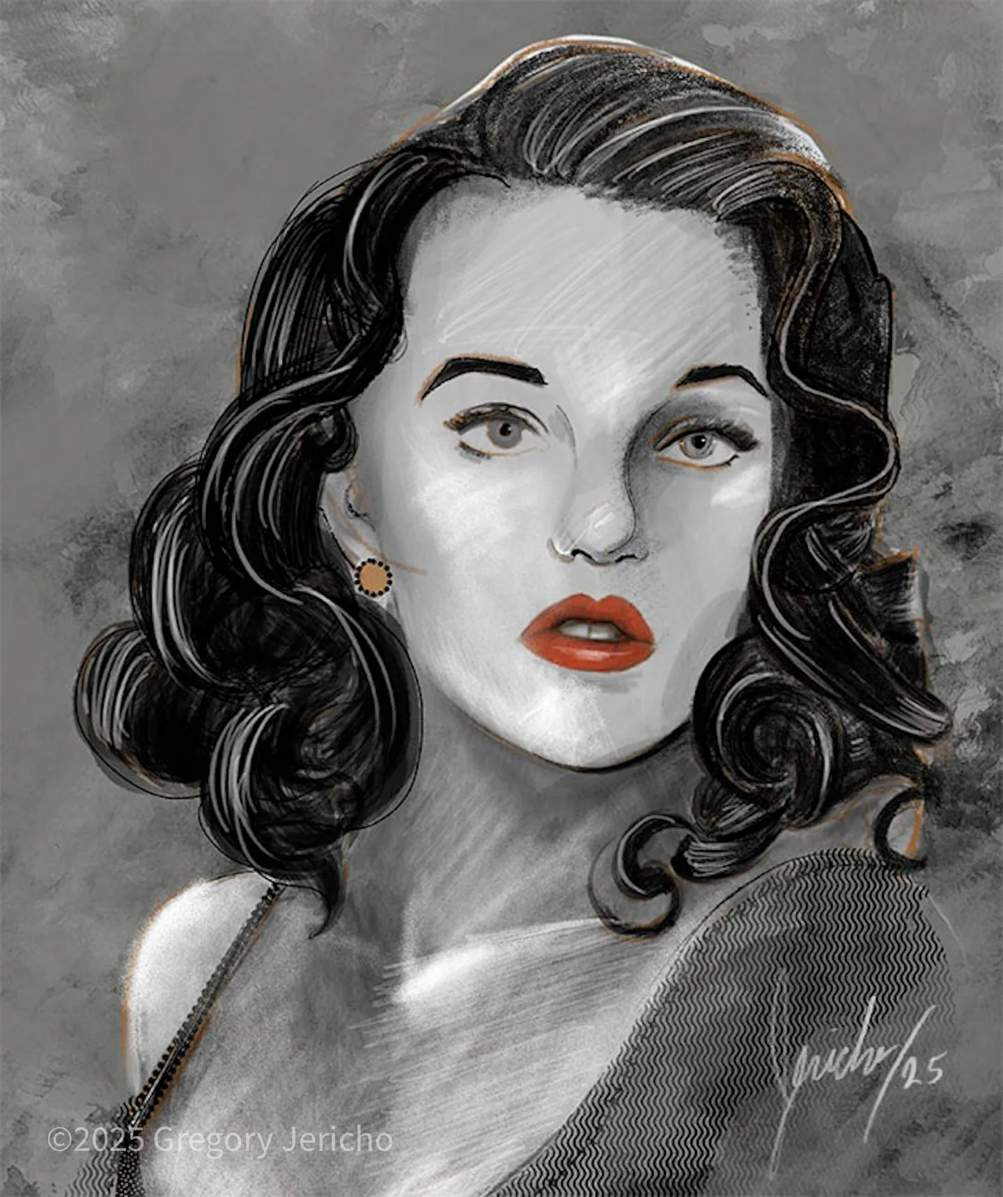 Black-and-white portrait of a 1940s-style woman with dark waved hair, red lips and a small gold earring, against a grey brushed ground.