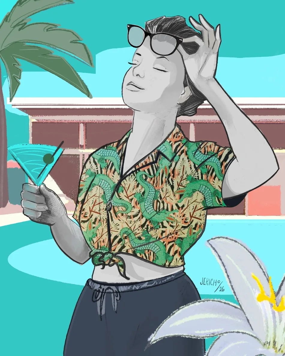 Painting of a woman by a Palm Springs pool, eyes closed, sunglasses pushed up, martini in hand, wearing a green dragon-print shirt, with a palm and a white lily in the foreground.