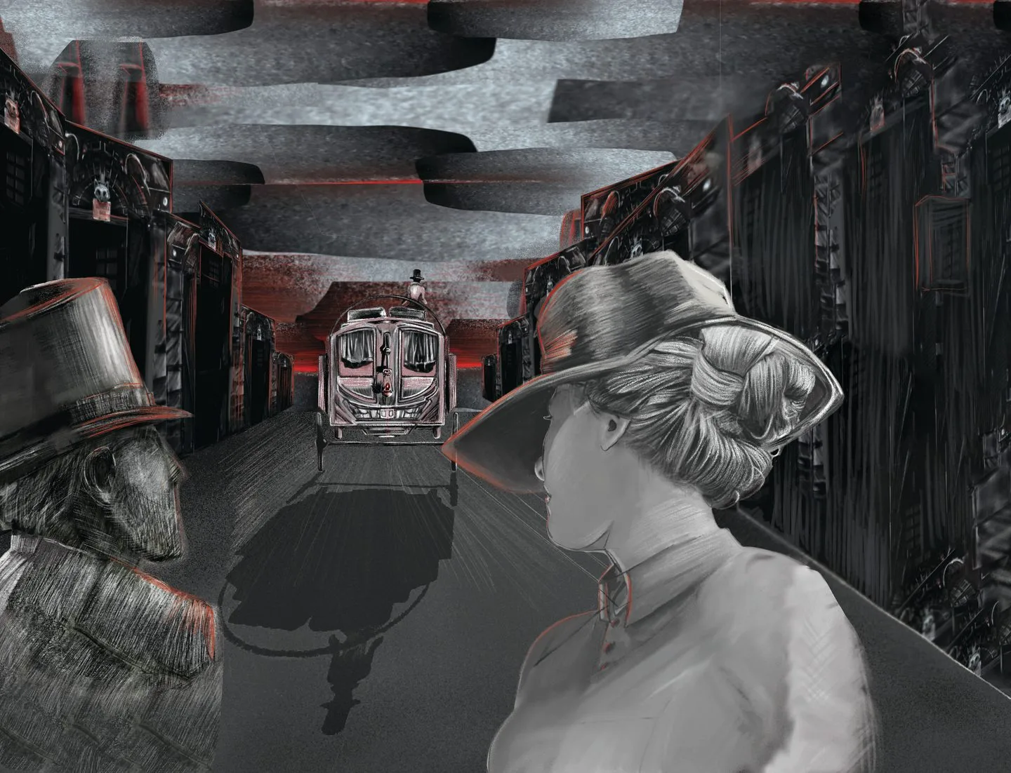 Panel II: a woman in a wide-brimmed hat on a station platform as a train approaches, a cloaked figure watching at left.