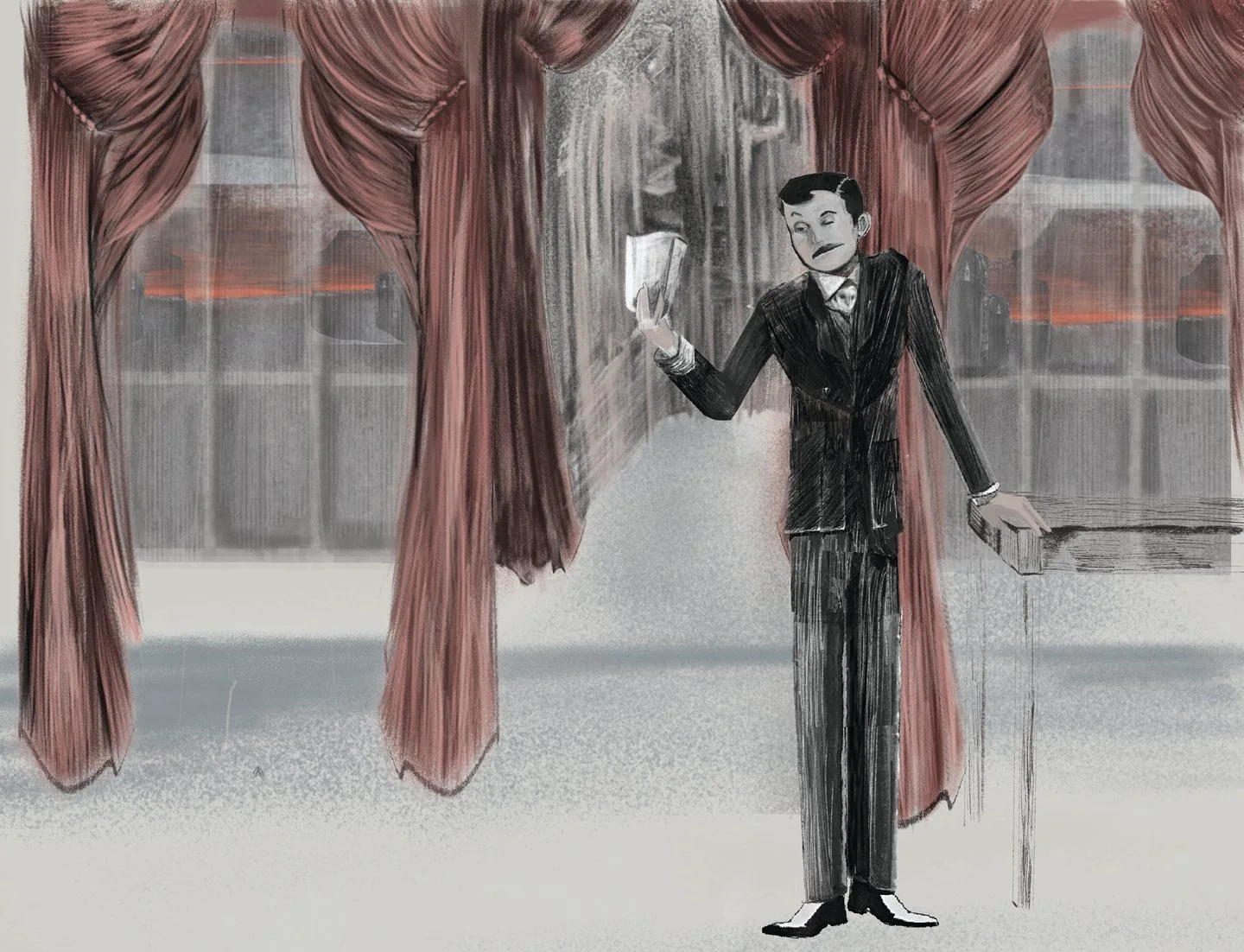 Panel III: Poe in a dark suit holding a letter between heavy rose-coloured curtains.