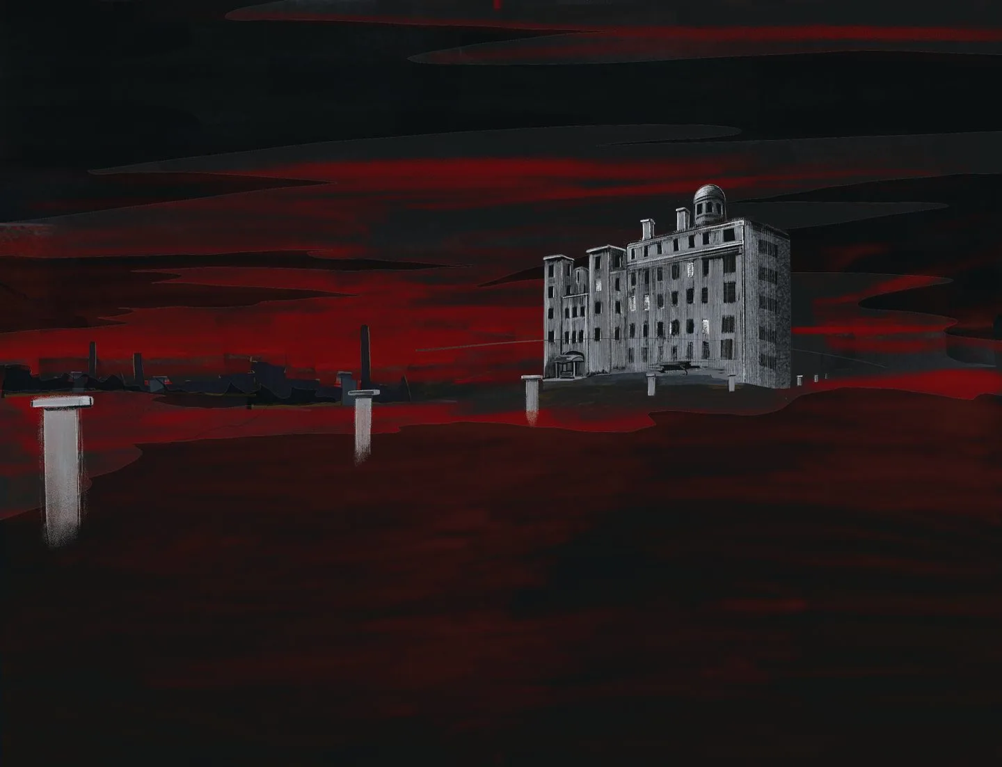 Panel IV: a white hospital building alone on the horizon under a blood-red sky.