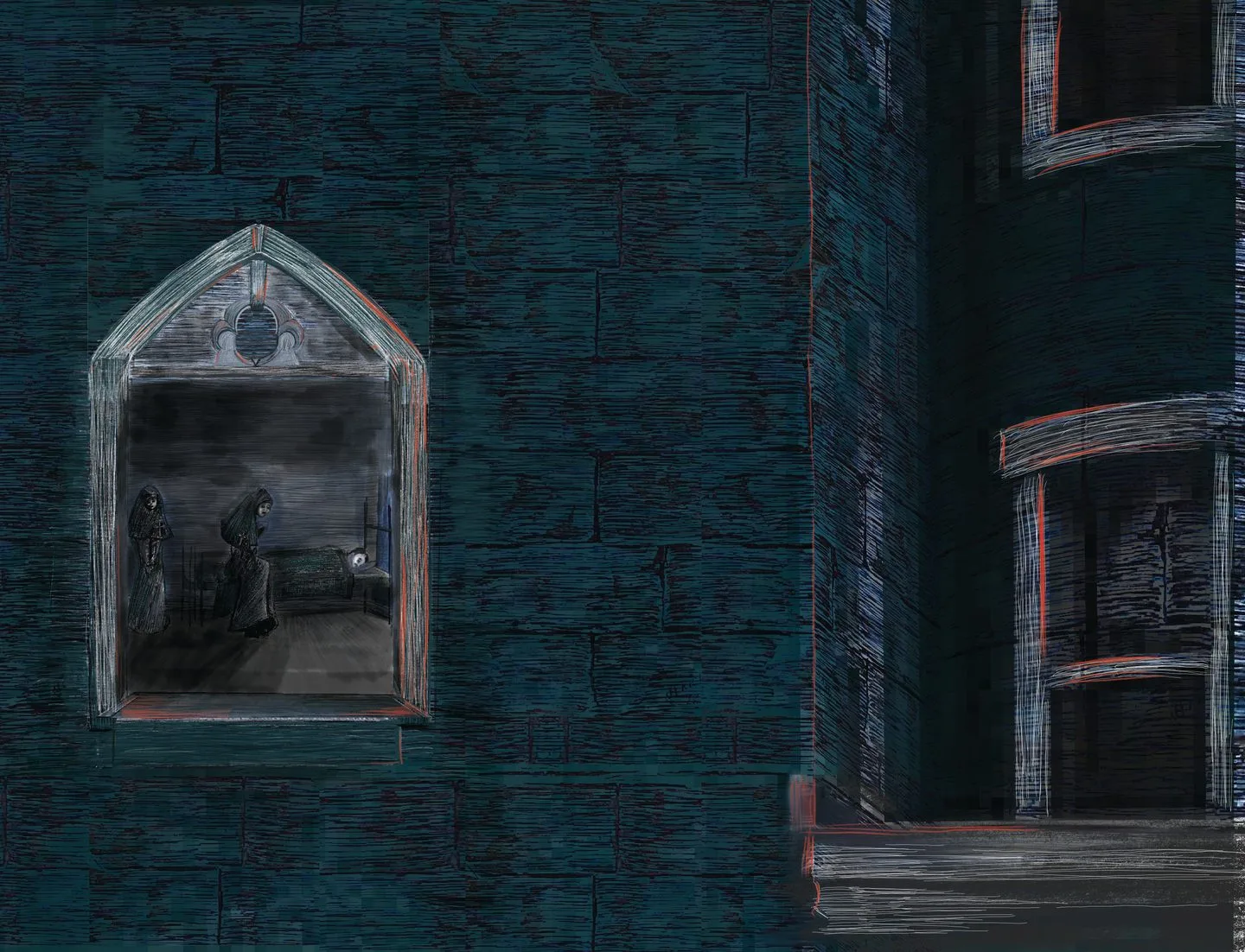 Panel V: a dimly lit pointed window set in a dark stone wall, figures visible inside.