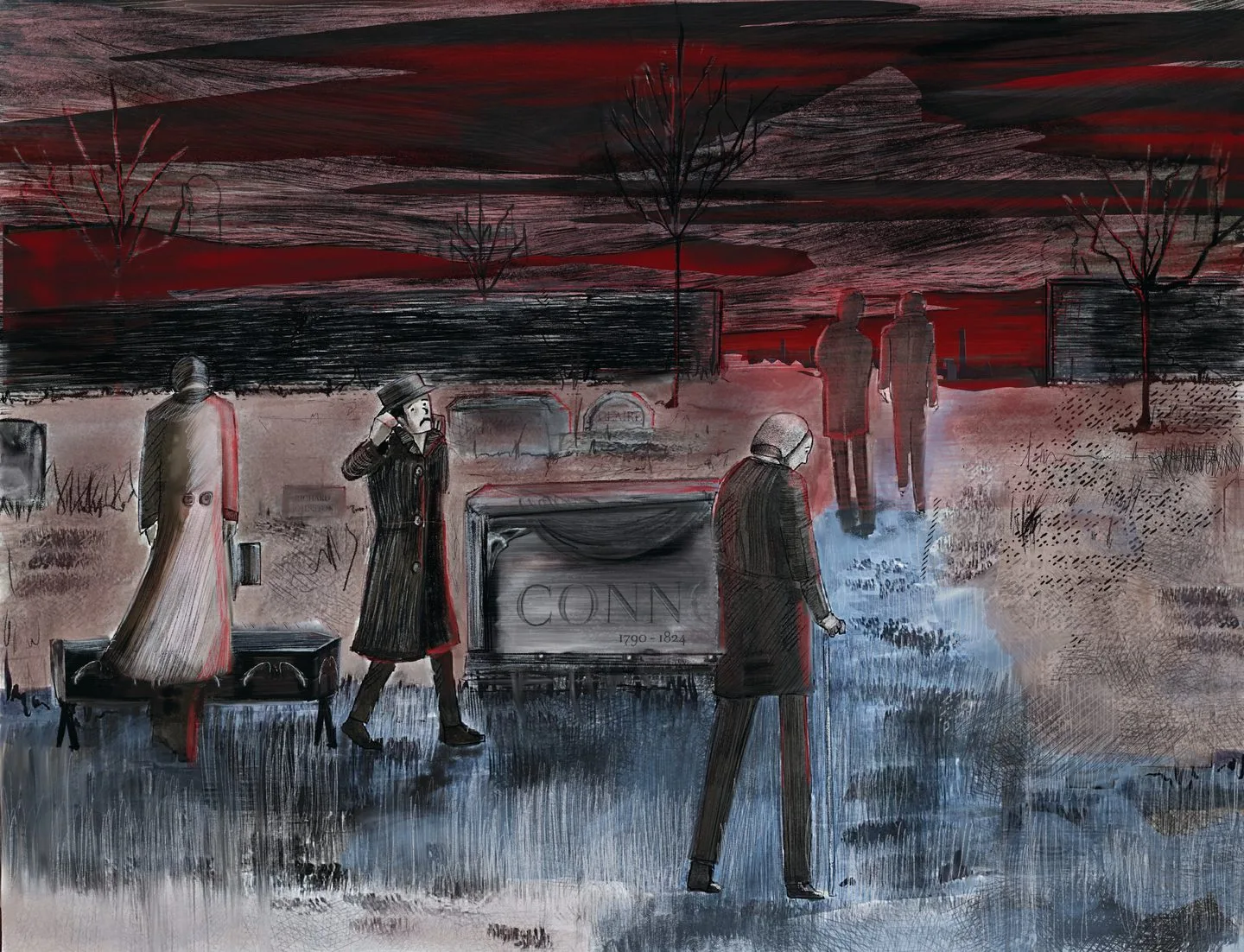 Panel VI: mourners walking past a gravestone in a snowy cemetery under a red sky.