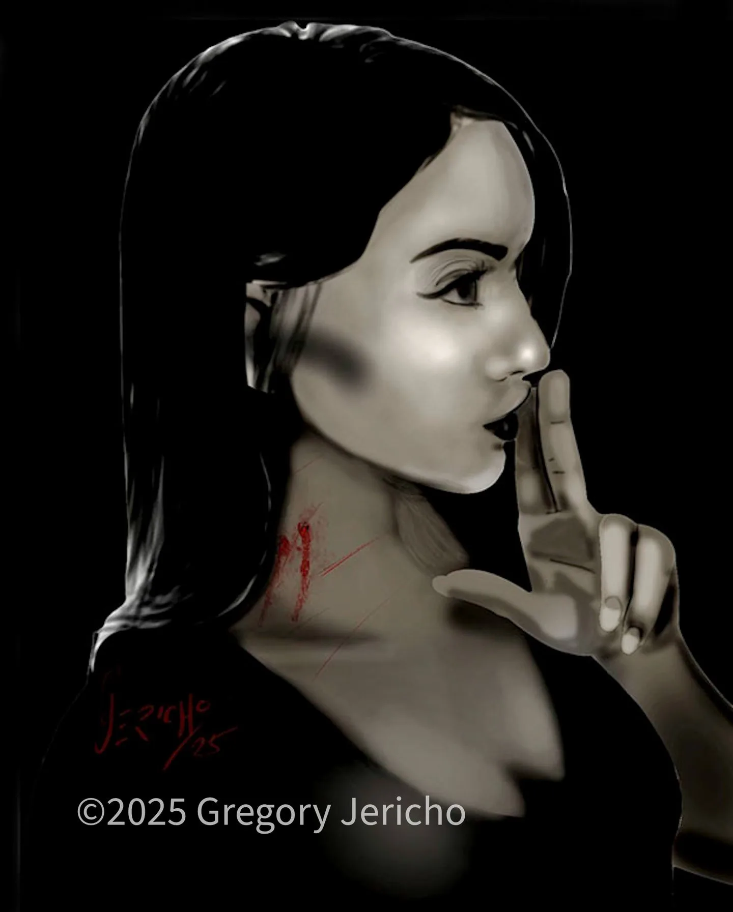Black-and-white portrait of a dark-haired woman in profile holding a finger to her lips, two red puncture marks on her neck.