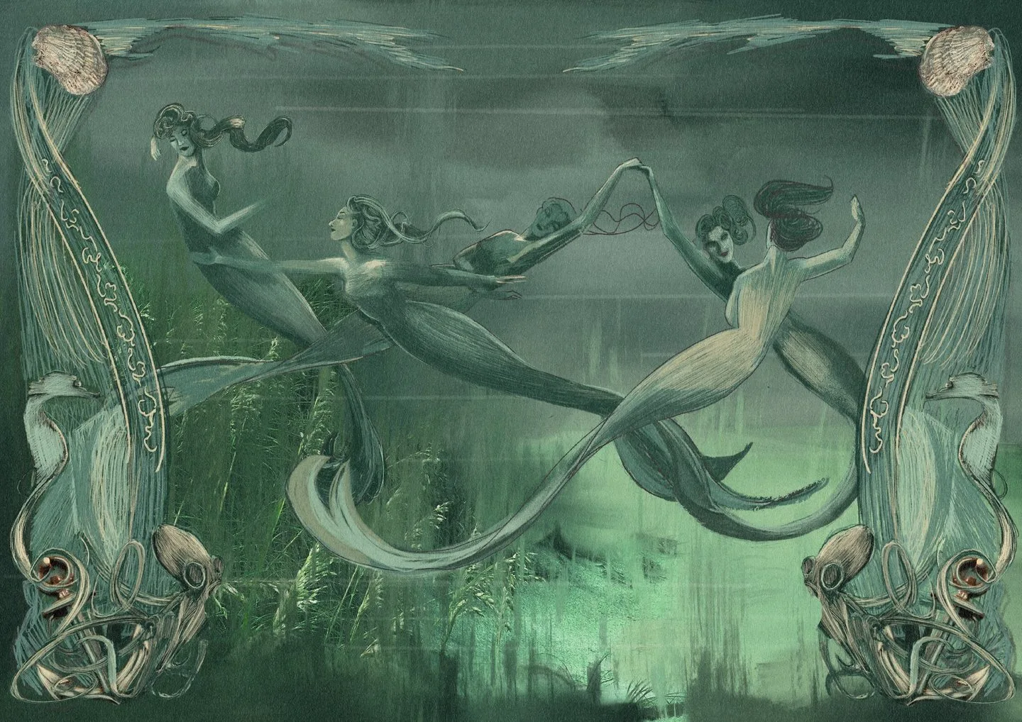 Painting of four mermaids swimming in a ring through murky green water, framed by an Art Nouveau border of herons, shells and octopuses.