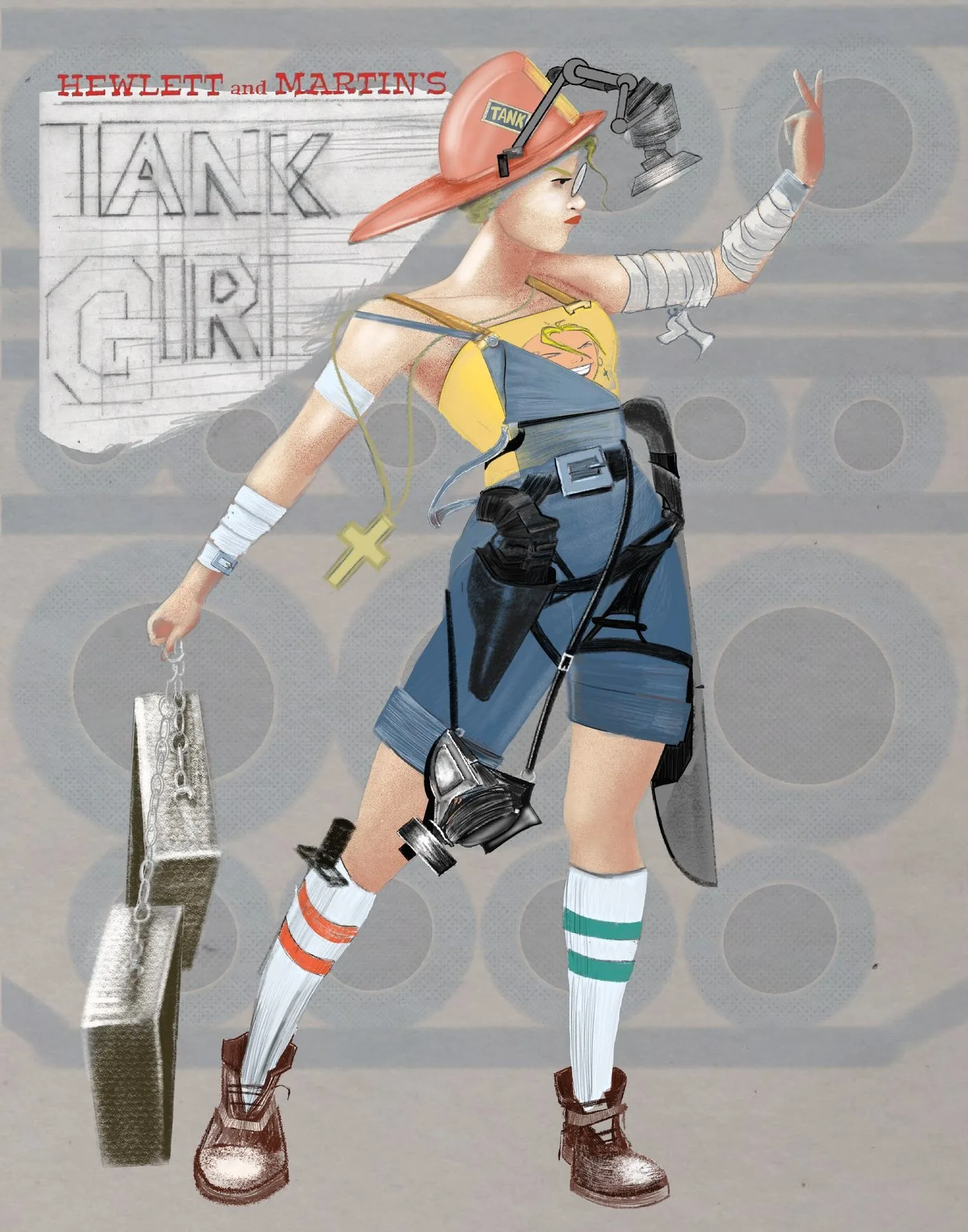 Illustration of Tank Girl in a red fire helmet with a gas mask, bandaged arms, dungarees and striped socks, carrying ammunition cases, against a grey stencilled backdrop.